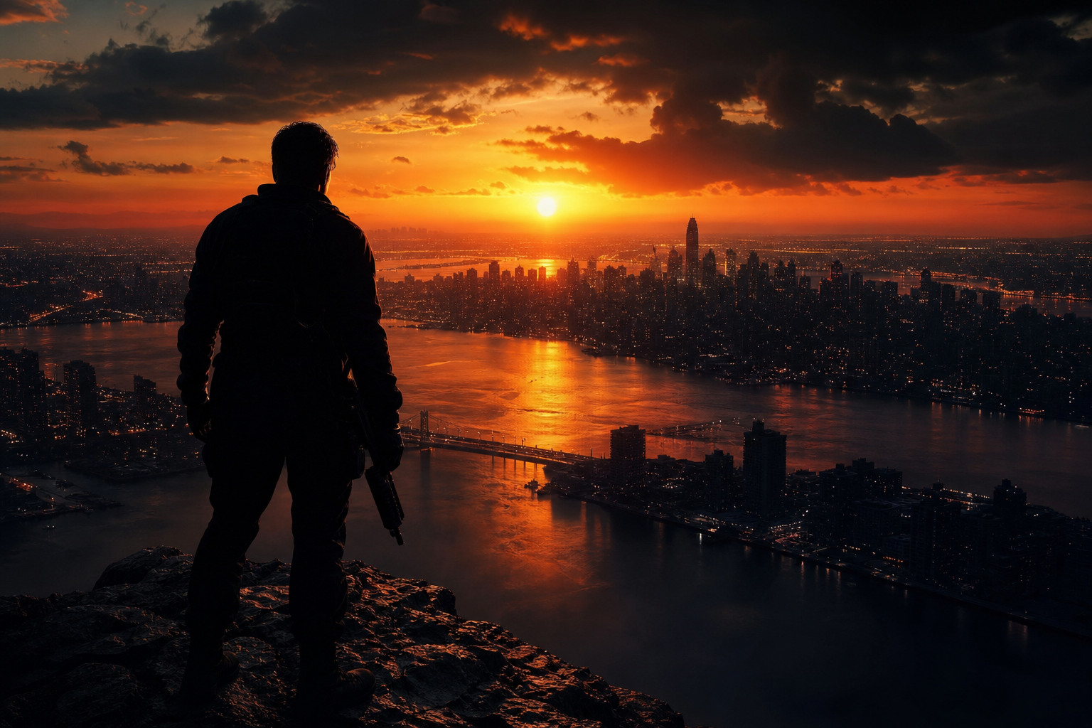 Action Movie Hero Silhouette At Sunset Without Logos Movie Wallpaper  2 4K