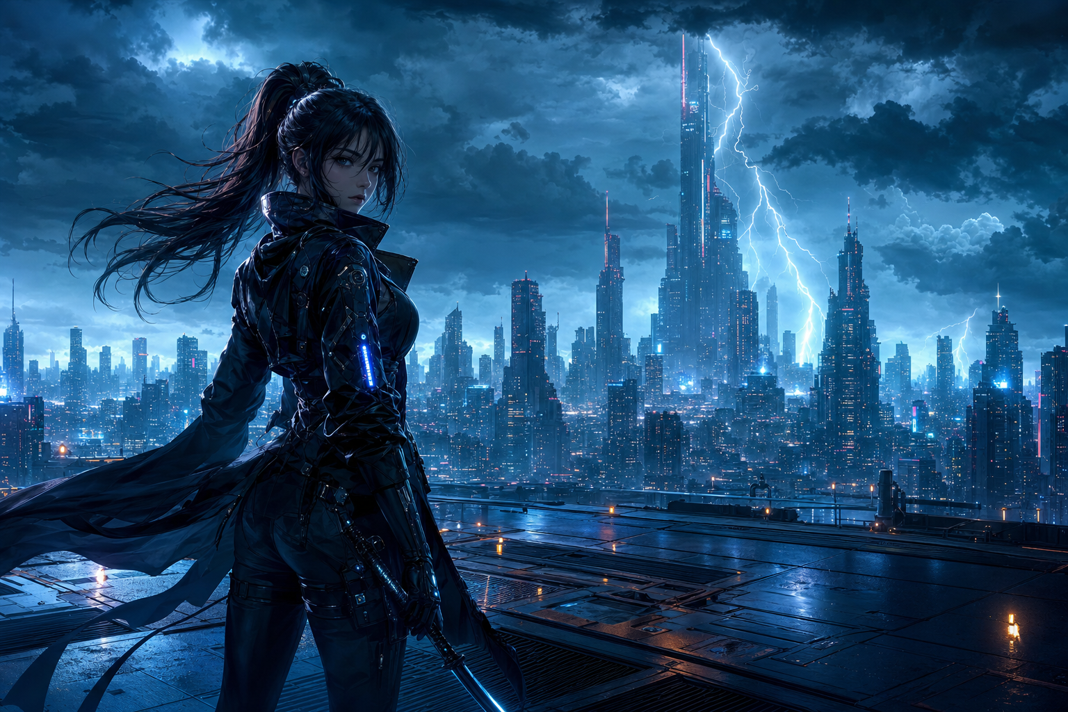 Adult Anime Cyberpunk Heroine With Neon Lights, Safe For Work, Fully Clothed Anime Wallpaper  21 4K
