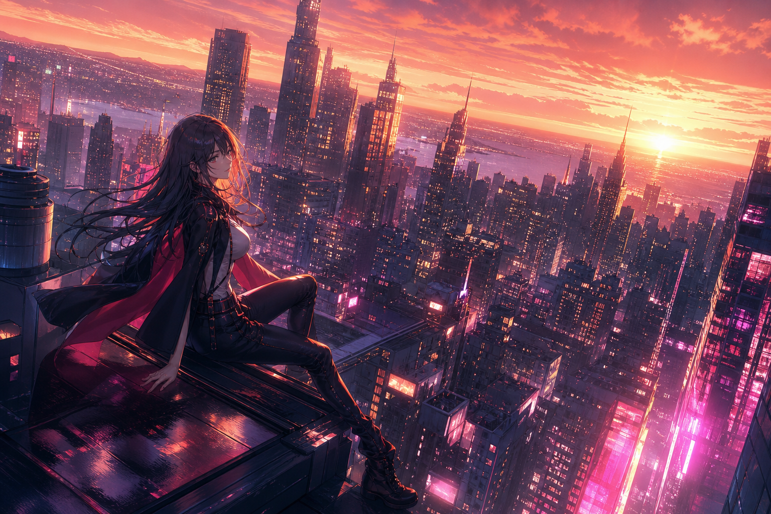Anime City Rooftop Sunset Scene, Safe For Work, No Minors Anime Wallpaper  14 4K