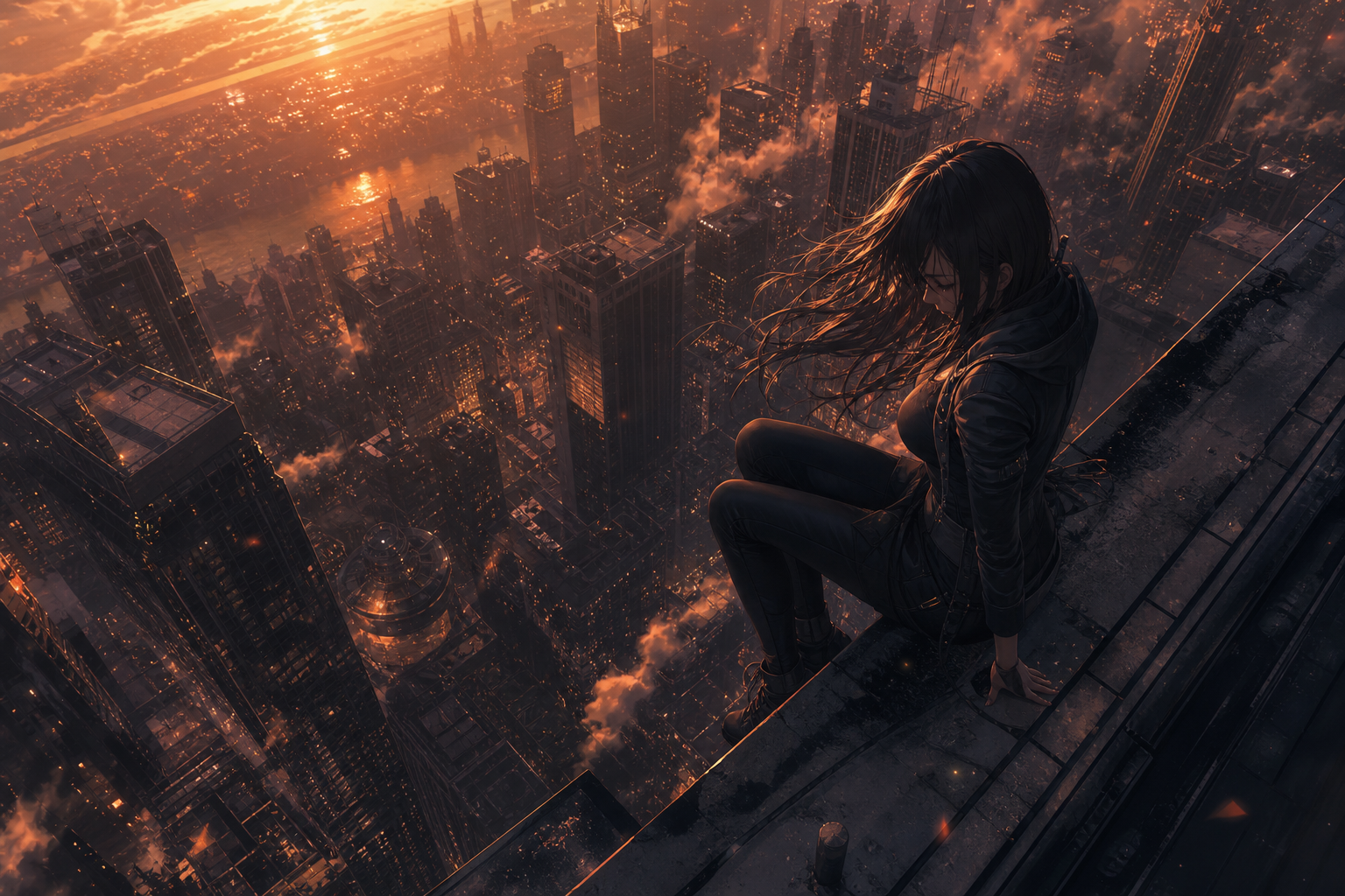 Anime City Rooftop Sunset Scene, Safe For Work, No Minors Anime Wallpaper  14 4K