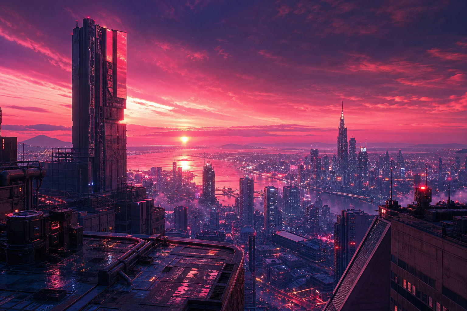 Anime City Rooftop Sunset Scene, Safe For Work, No Minors Anime Wallpaper  6 4K
