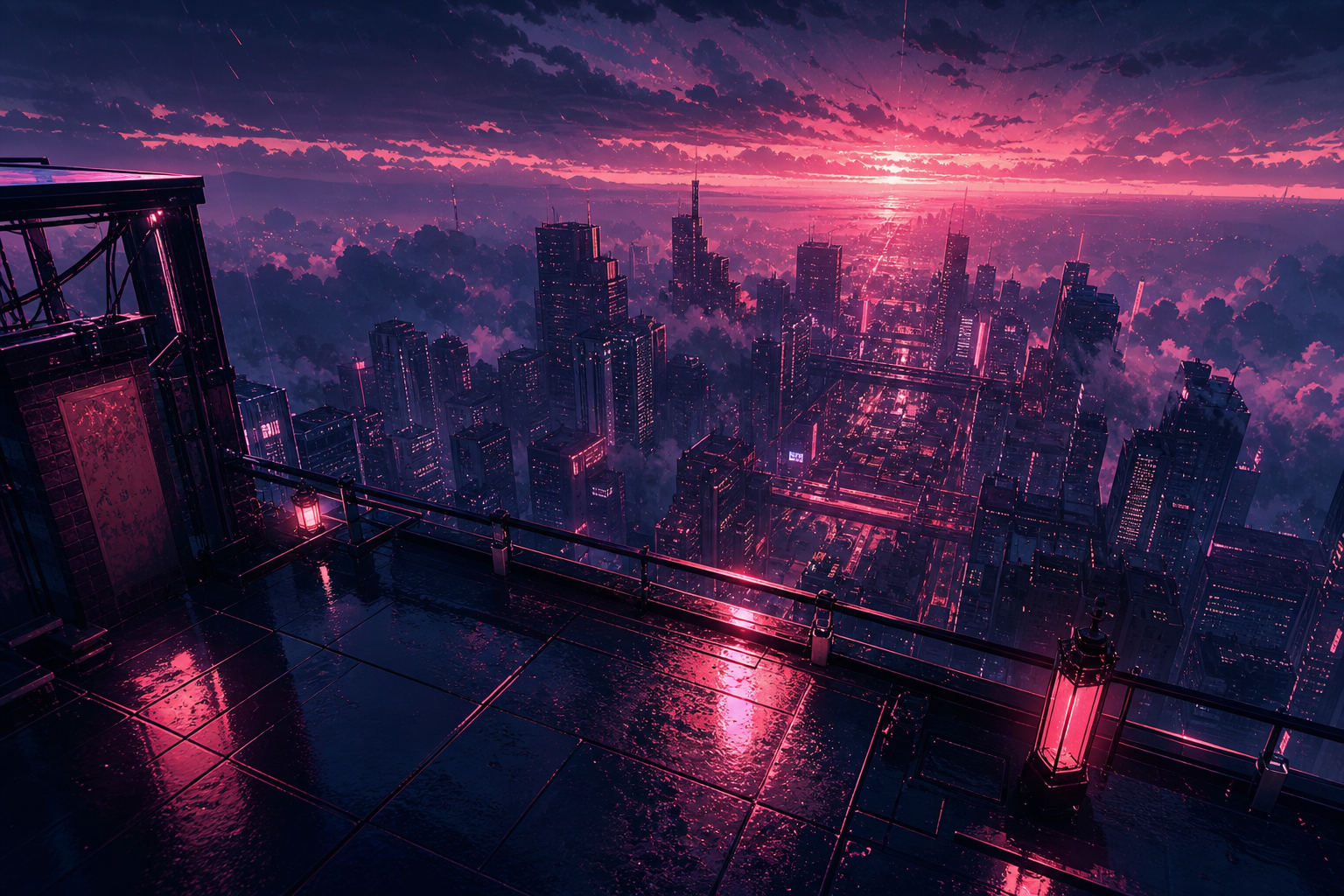 Anime City Rooftop Sunset Scene, Safe For Work, No Minors Anime Wallpaper  6 4K