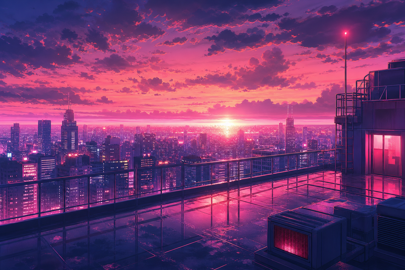 Anime City Rooftop Sunset Scene, Safe For Work, No Minors Anime Wallpaper  6 4K