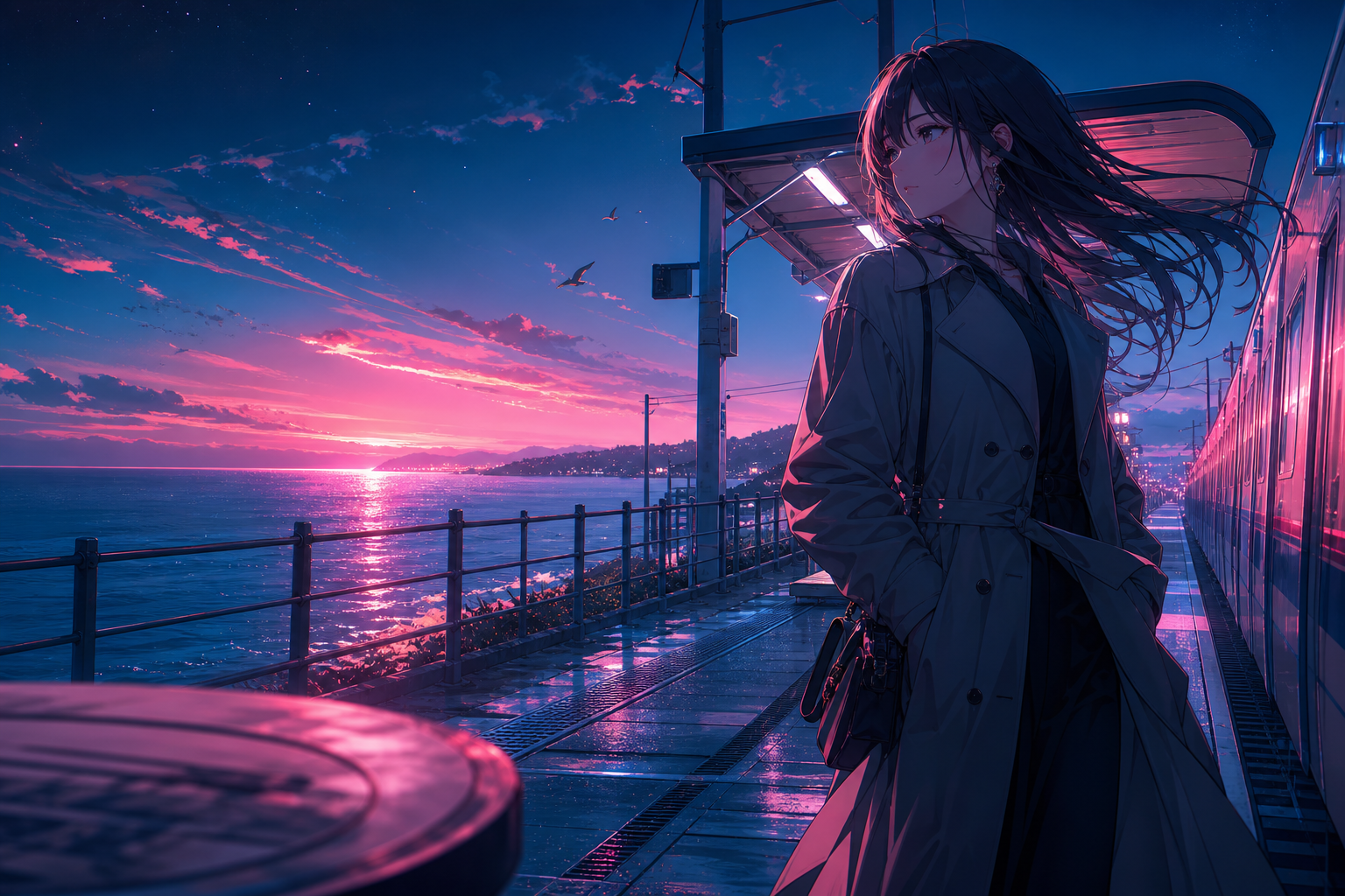 Anime Ocean Train Station Anime Wallpaper  16 4K