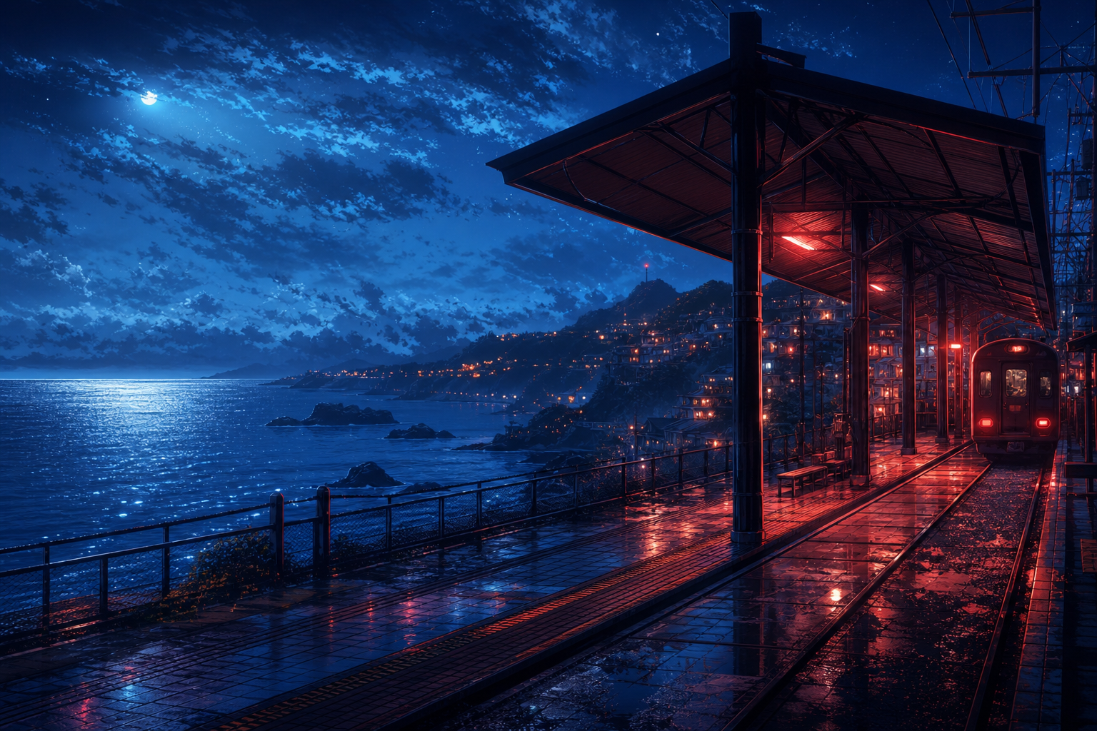 Anime Ocean Train Station Anime Wallpaper  16 4K