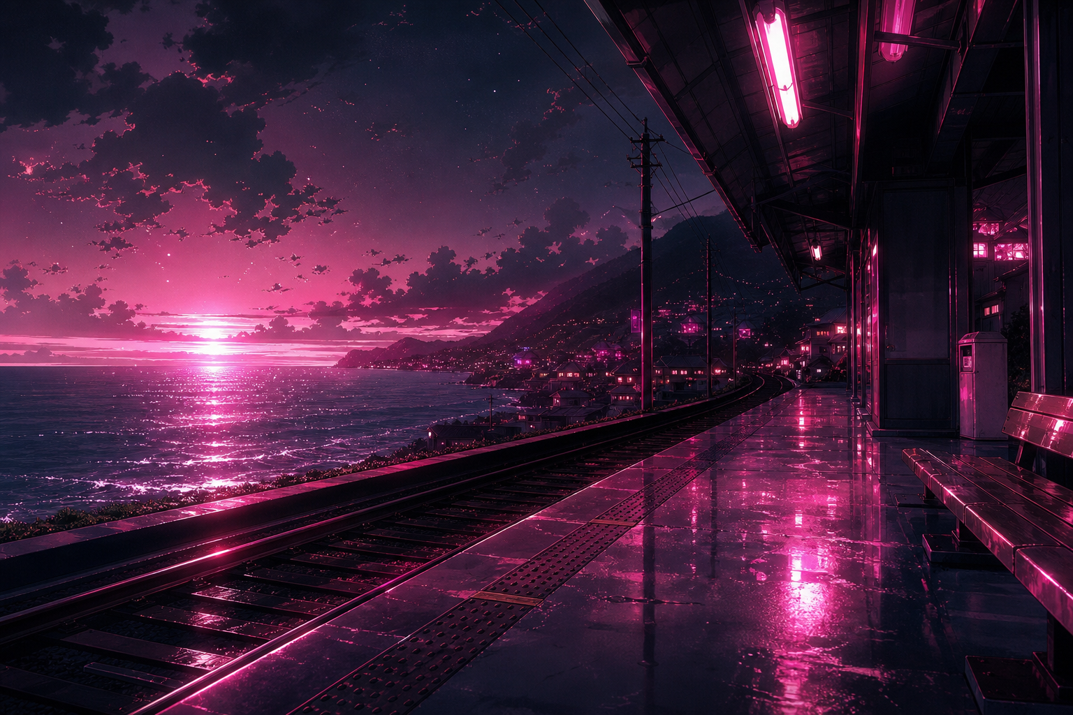 Anime Ocean Train Station Anime Wallpaper  16 4K