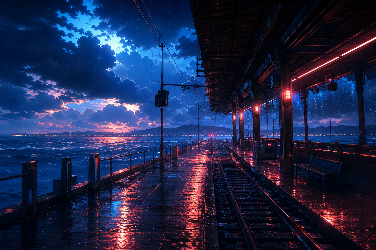 Anime Ocean Train Station Anime Wallpaper  16 4K