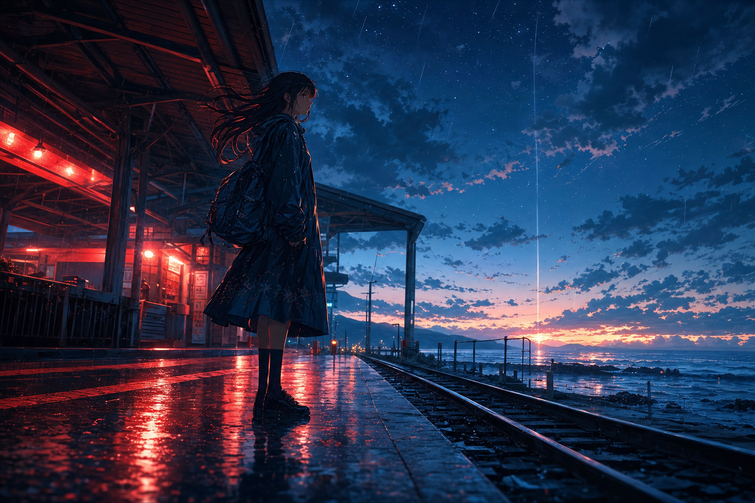 Anime Ocean Train Station Anime Wallpaper  16 4K
