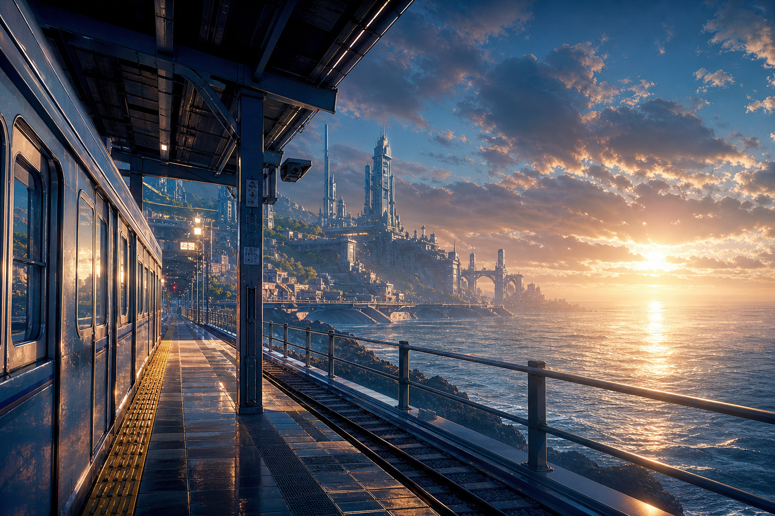 Anime Ocean Train Station Anime Wallpaper  16 4K