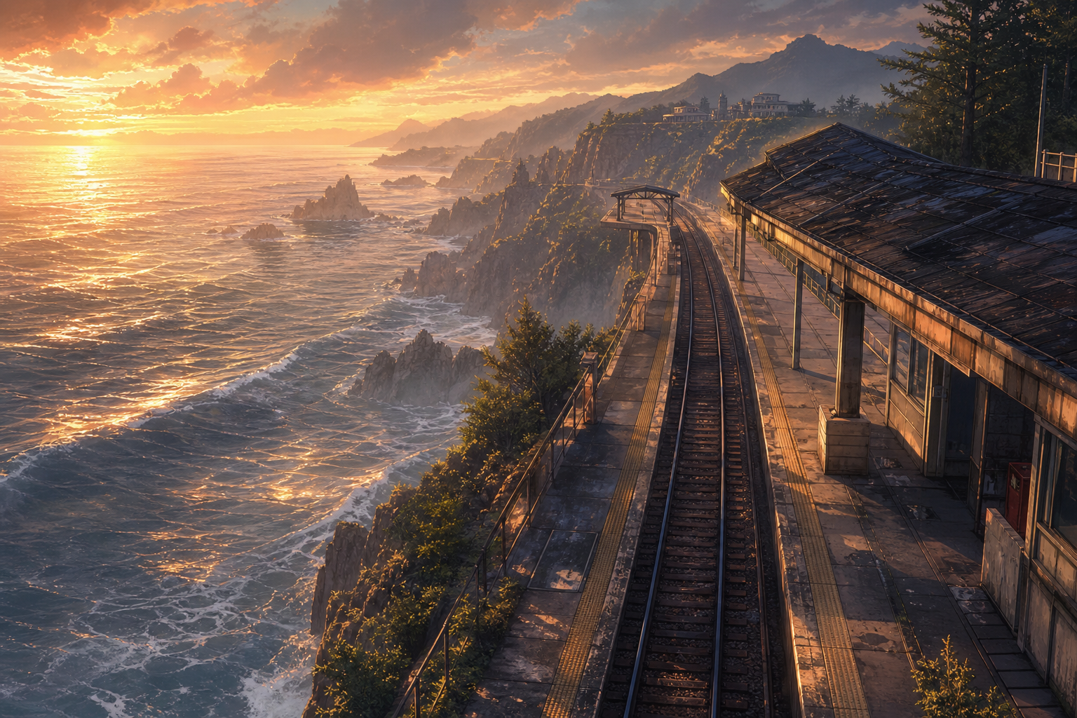 Anime Ocean Train Station Anime Wallpaper  16 4K