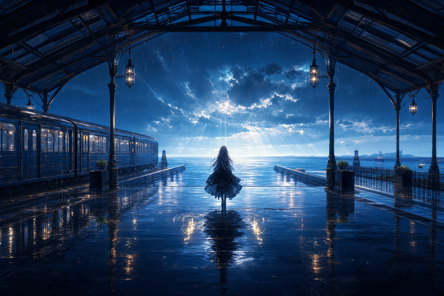 Anime Ocean Train Station Anime Wallpaper  16 4K