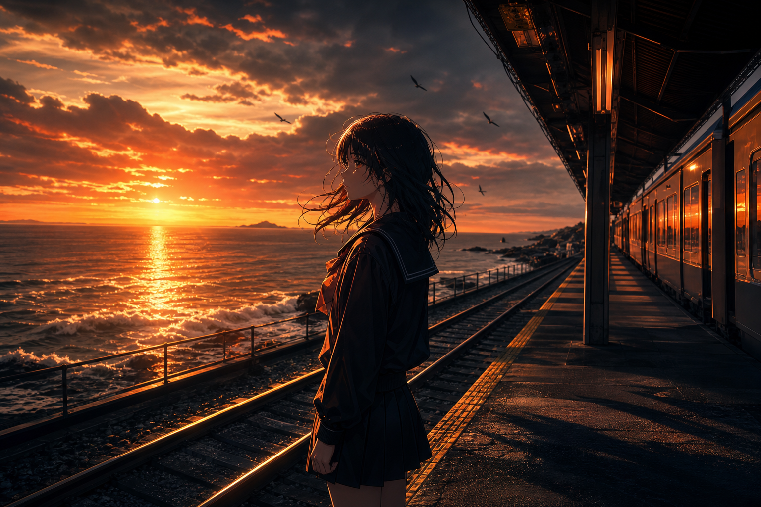 Anime Ocean Train Station Anime Wallpaper  16 4K