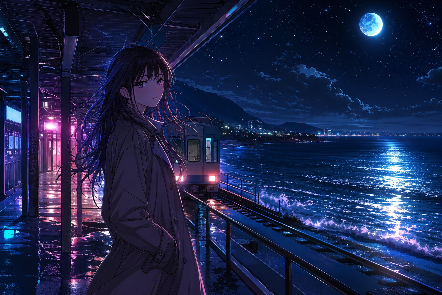 Anime Ocean Train Station Anime Wallpaper  24 4K