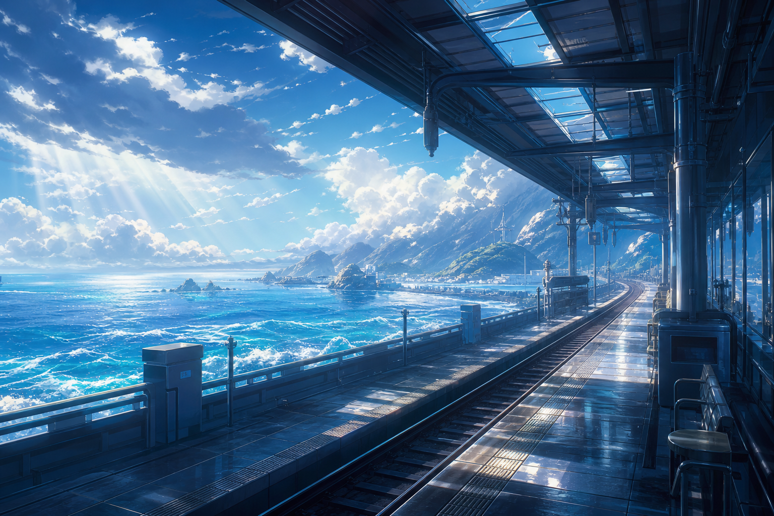 Anime Ocean Train Station Anime Wallpaper  24 4K