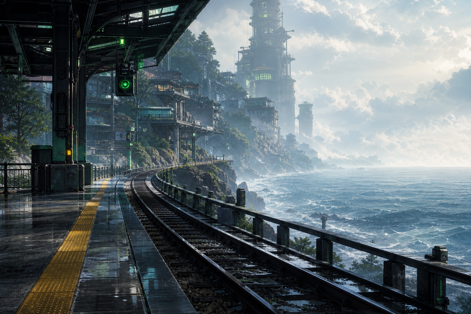 Anime Ocean Train Station Anime Wallpaper  24 4K