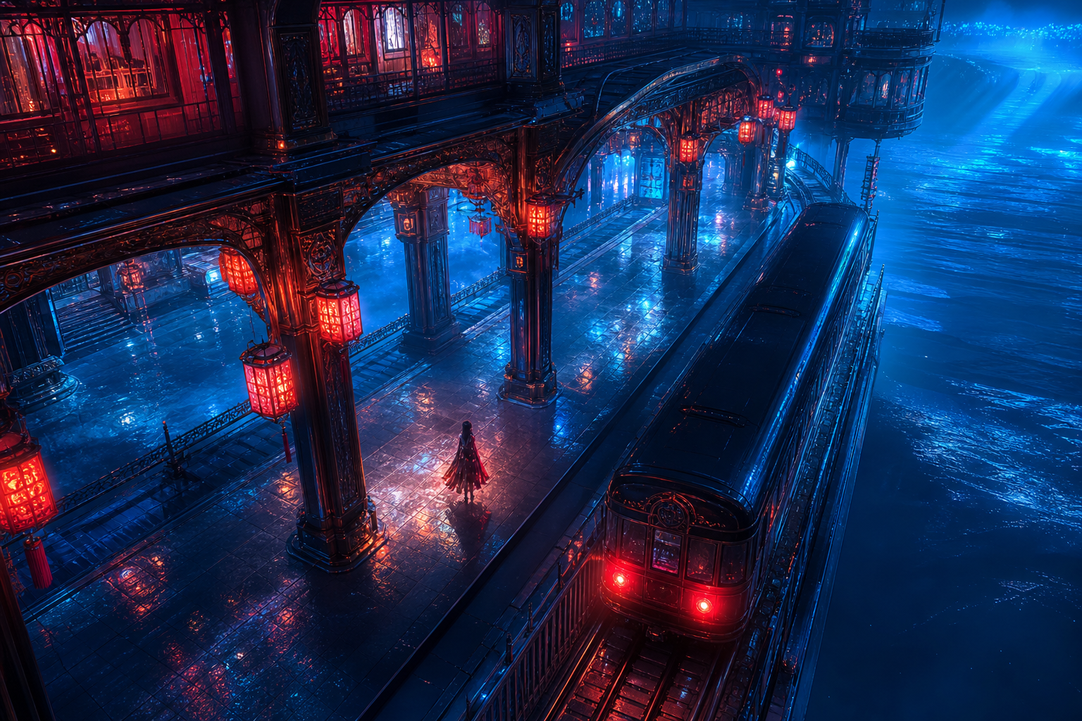 Anime Ocean Train Station Anime Wallpaper  24 4K