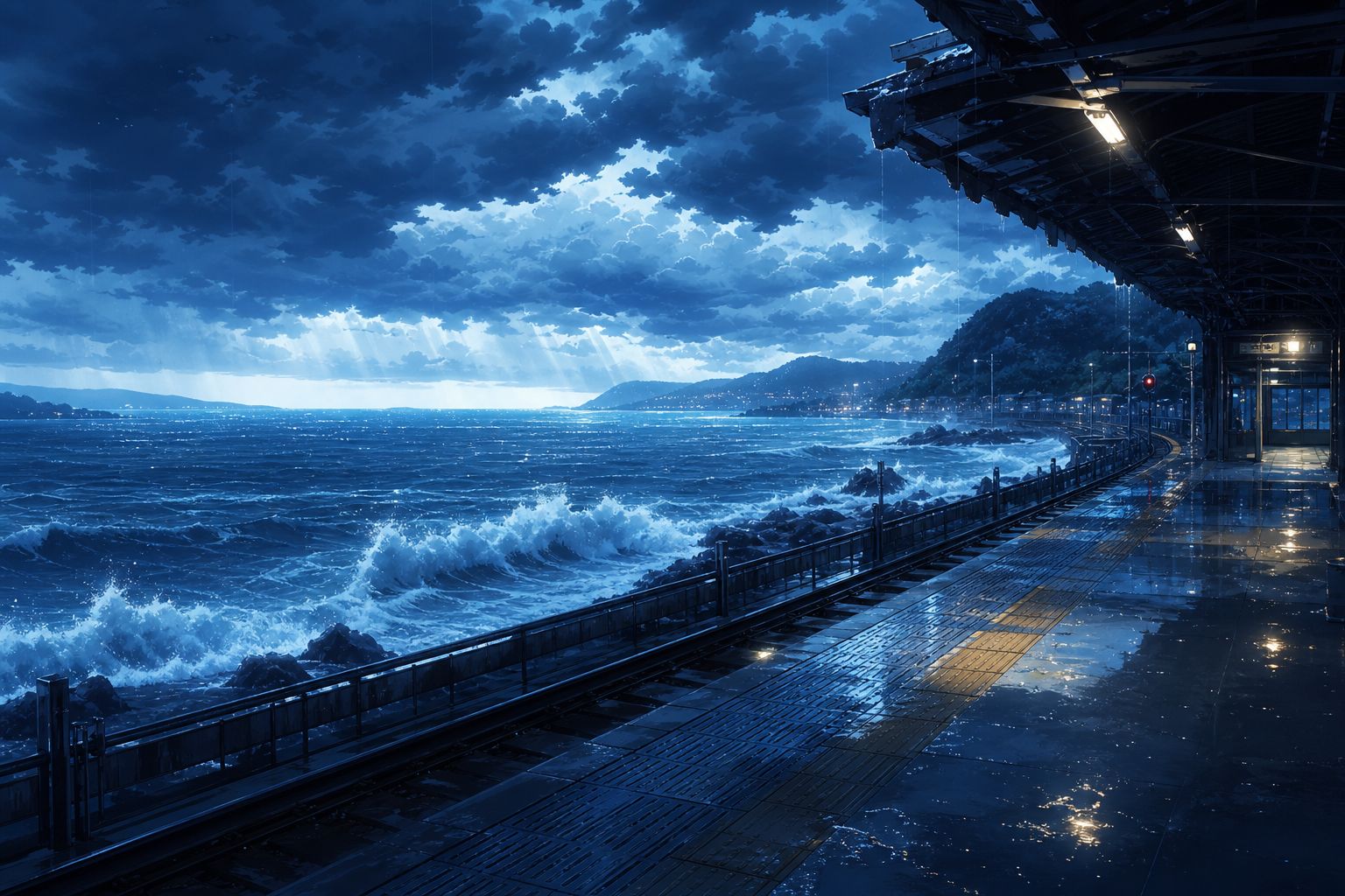 Anime Ocean Train Station Anime Wallpaper  24 4K