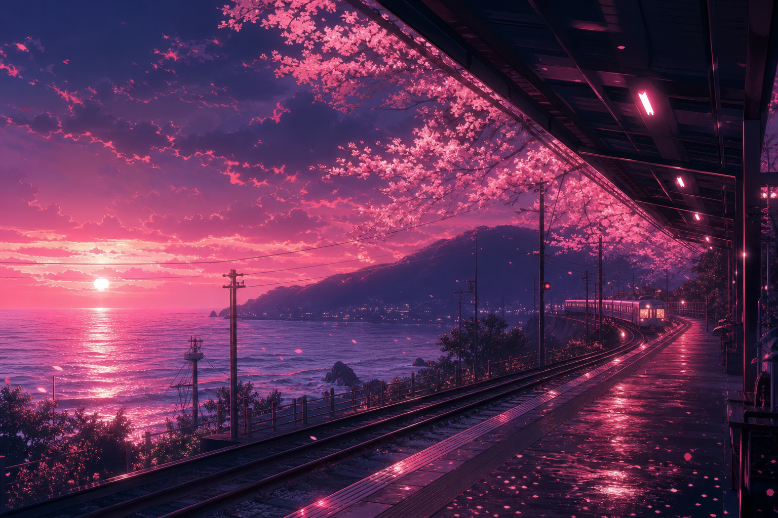 Anime Ocean Train Station Anime Wallpaper  24 4K