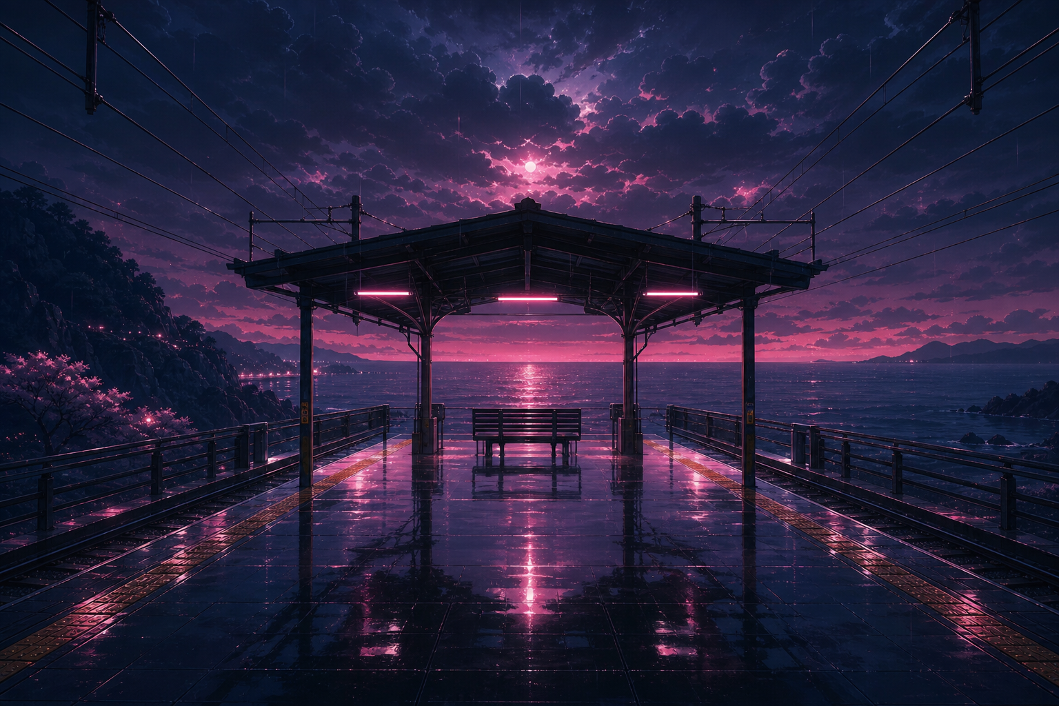 Anime Ocean Train Station Anime Wallpaper  24 4K