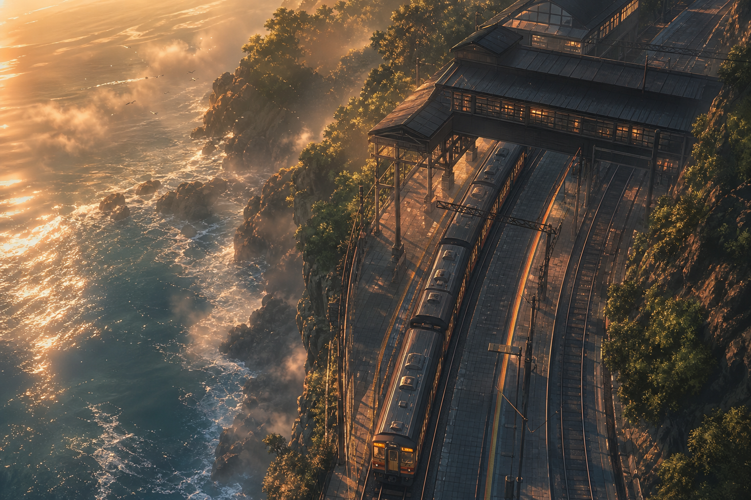 Anime Ocean Train Station Anime Wallpaper  24 4K