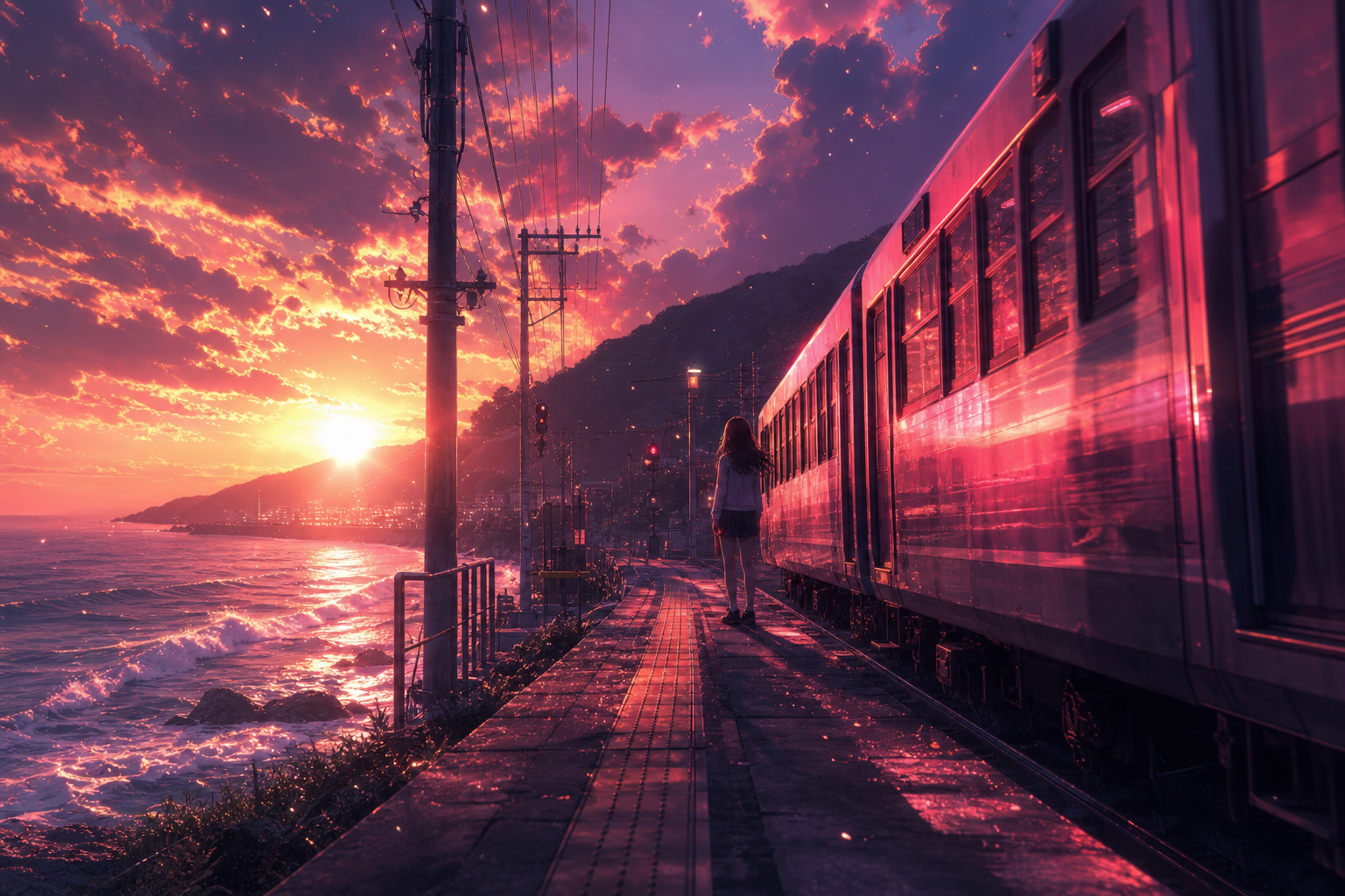 Anime Ocean Train Station Anime Wallpaper  24 4K