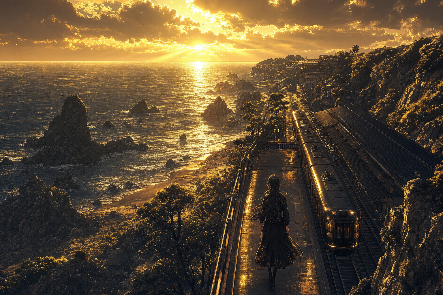 Anime Ocean Train Station Anime Wallpaper  24 4K