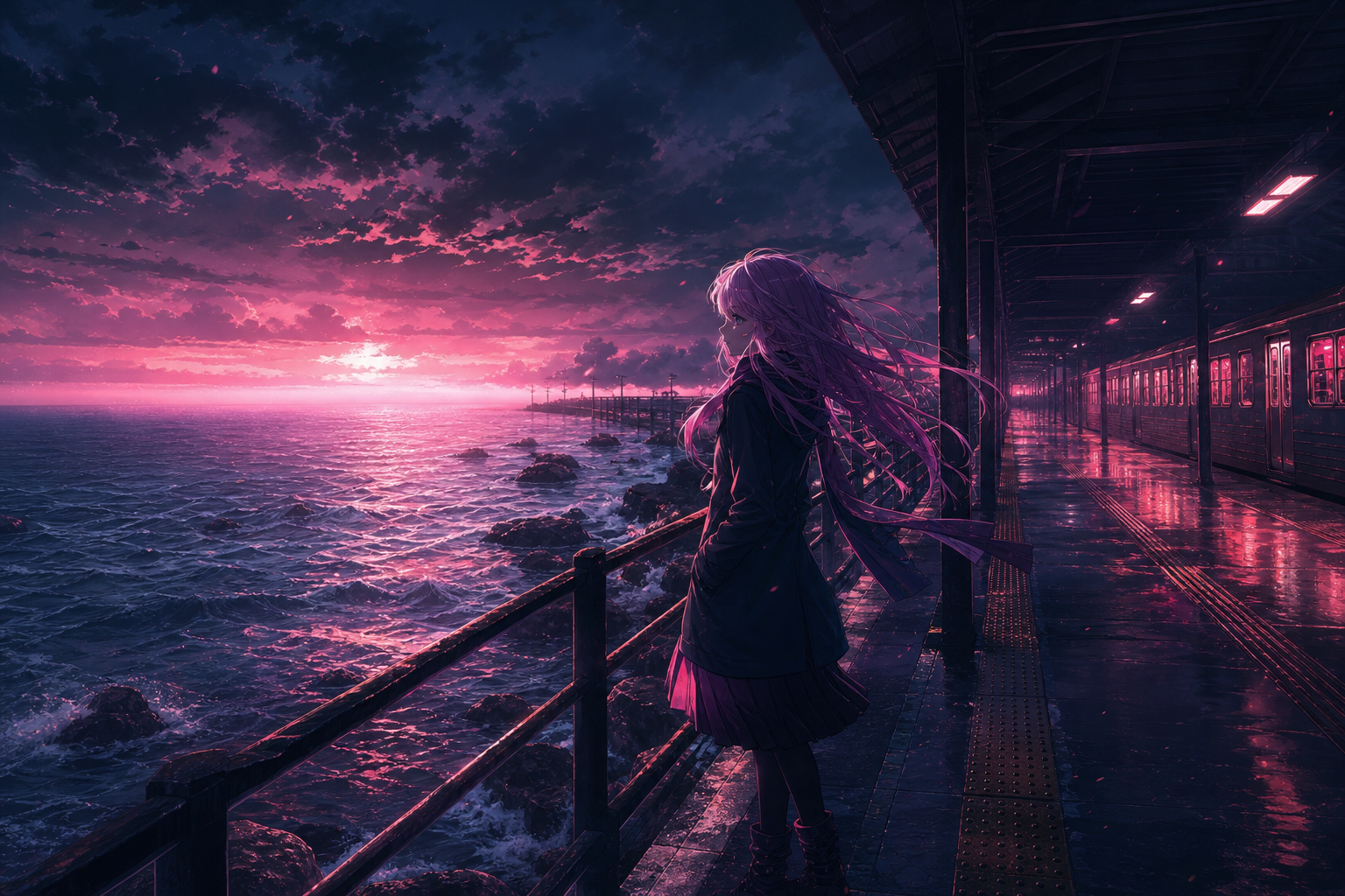 Anime Ocean Train Station Anime Wallpaper  8 4K