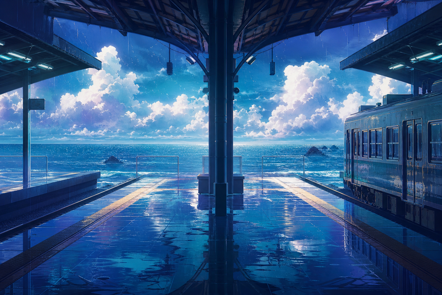 Anime Ocean Train Station Anime Wallpaper  8 4K
