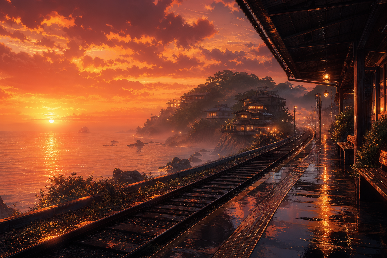 Anime Ocean Train Station Anime Wallpaper  8 4K