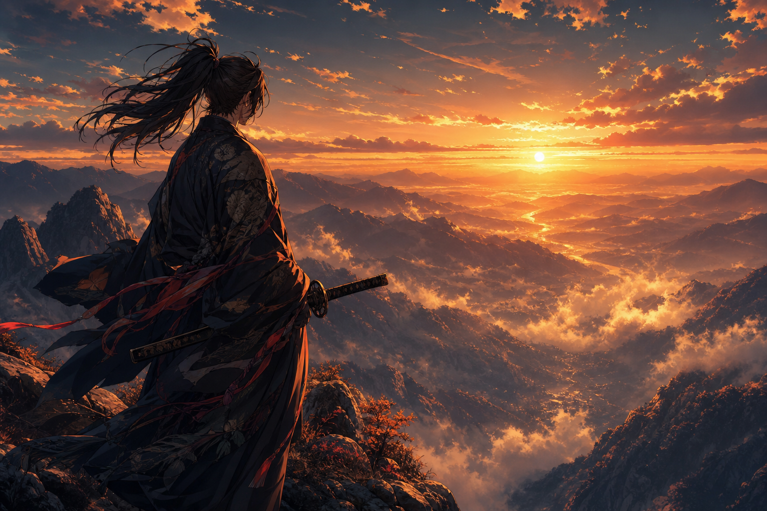 Anime Samurai On Mountain At Sunset Anime Wallpaper  10 4K