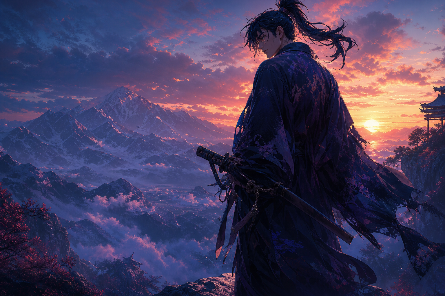 Anime Samurai On Mountain At Sunset Anime Wallpaper  18 4K