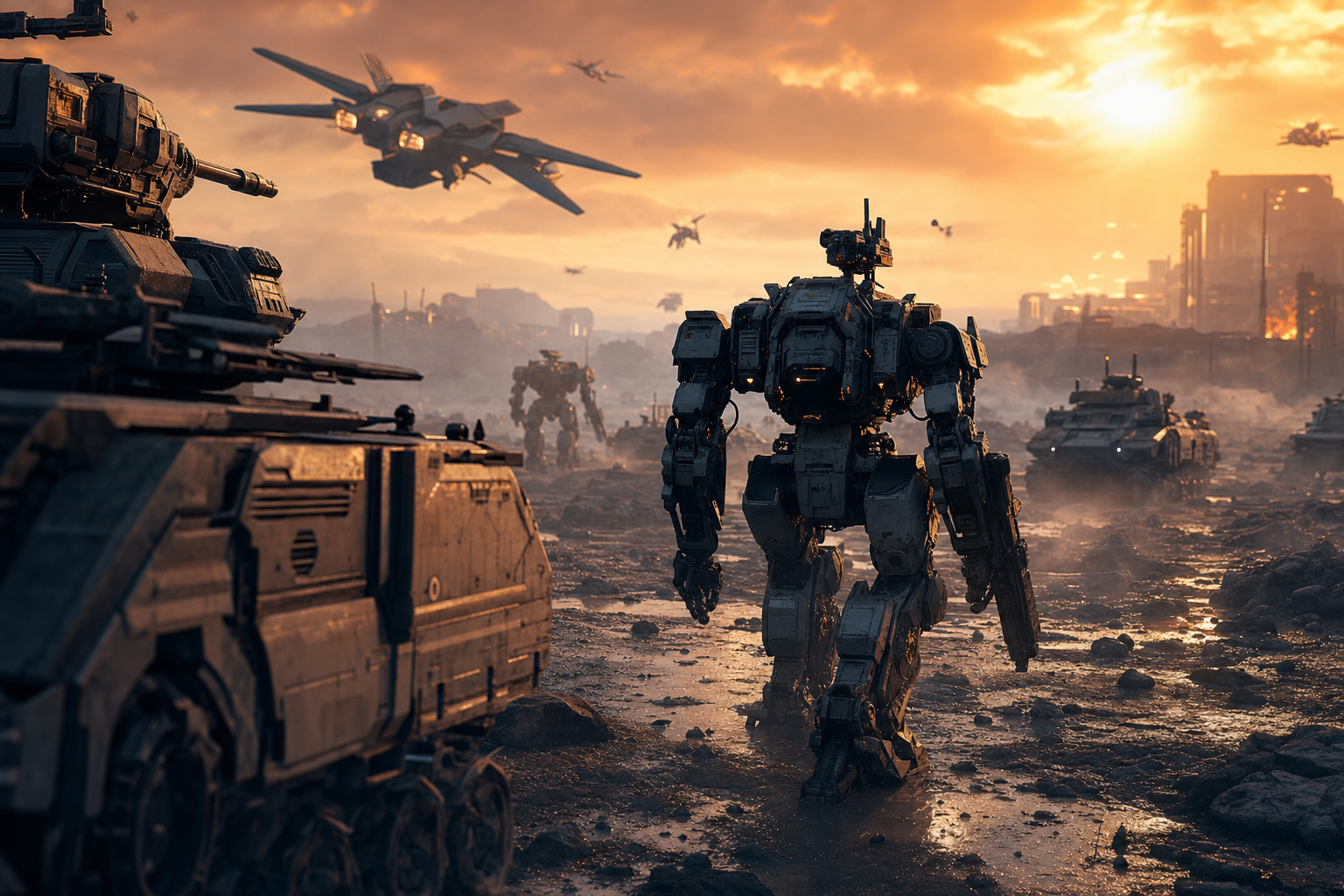 Armored Robot Patrol In Sci Fi Battlefield Military Wallpaper  6 4K