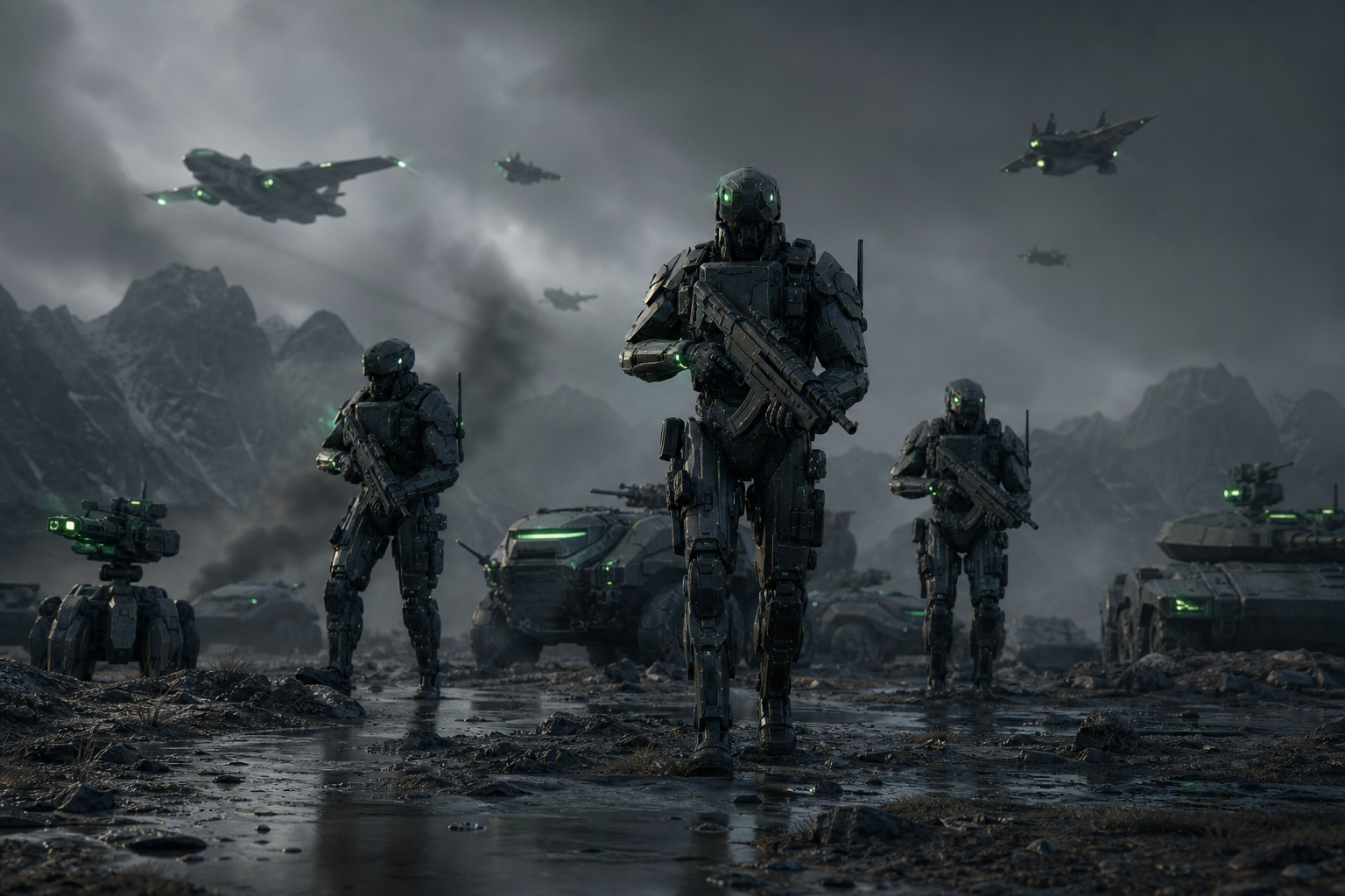 Armored Robot Patrol In Sci Fi Battlefield Military Wallpaper  6 4K