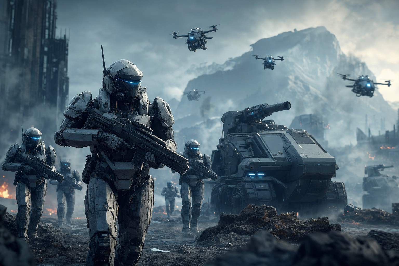Armored Robot Patrol In Sci Fi Battlefield Military Wallpaper  6 4K