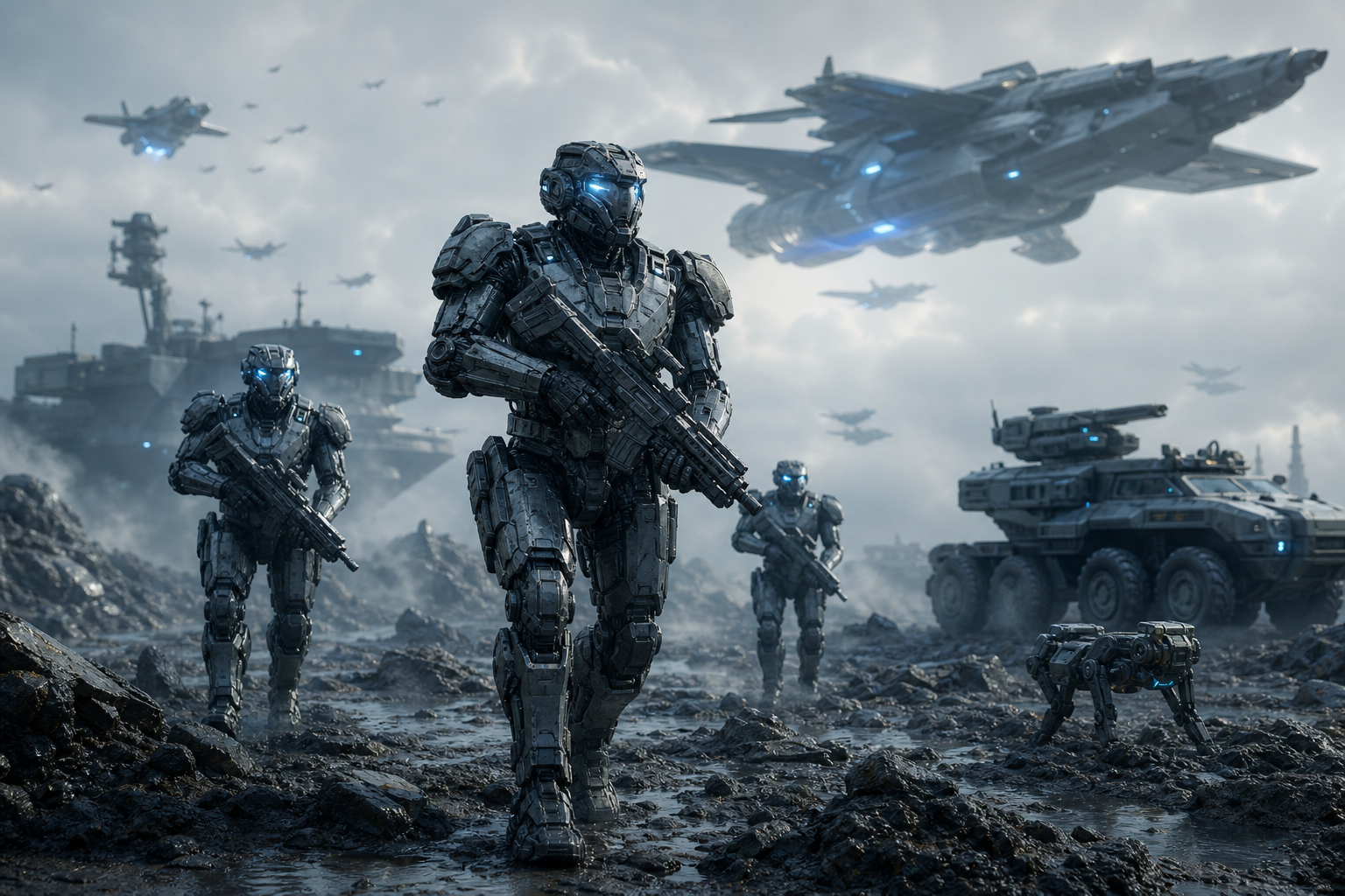 Armored Robot Patrol In Sci Fi Battlefield Military Wallpaper  6 4K