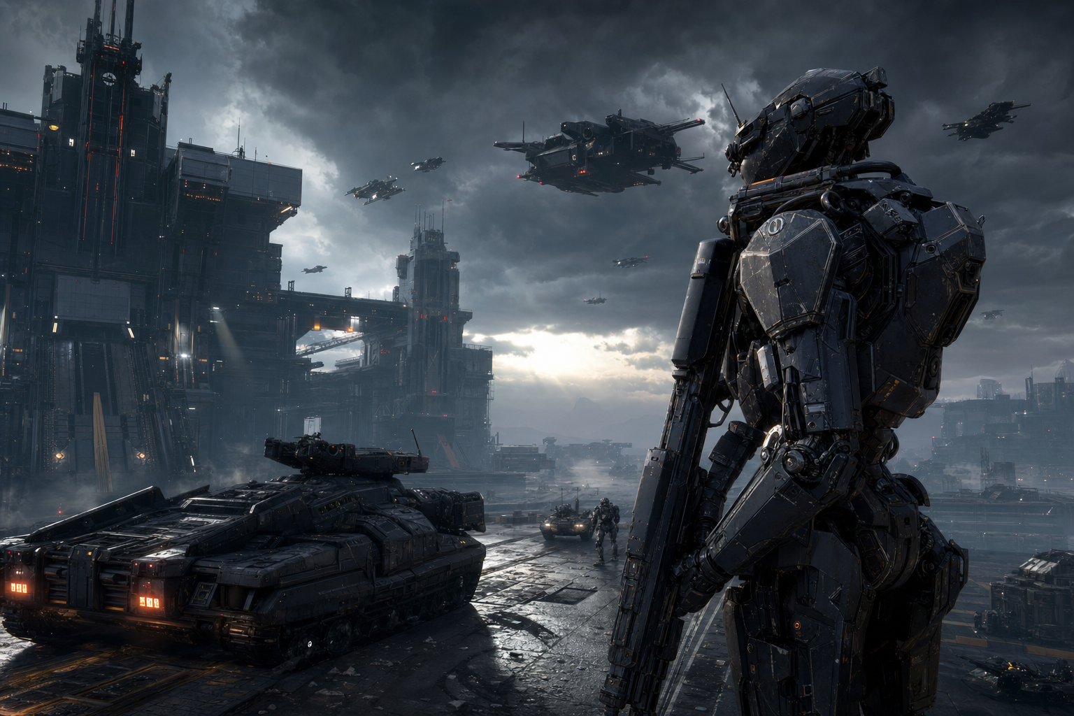 Armored Robot Patrol In Sci Fi Battlefield Military Wallpaper  6 4K