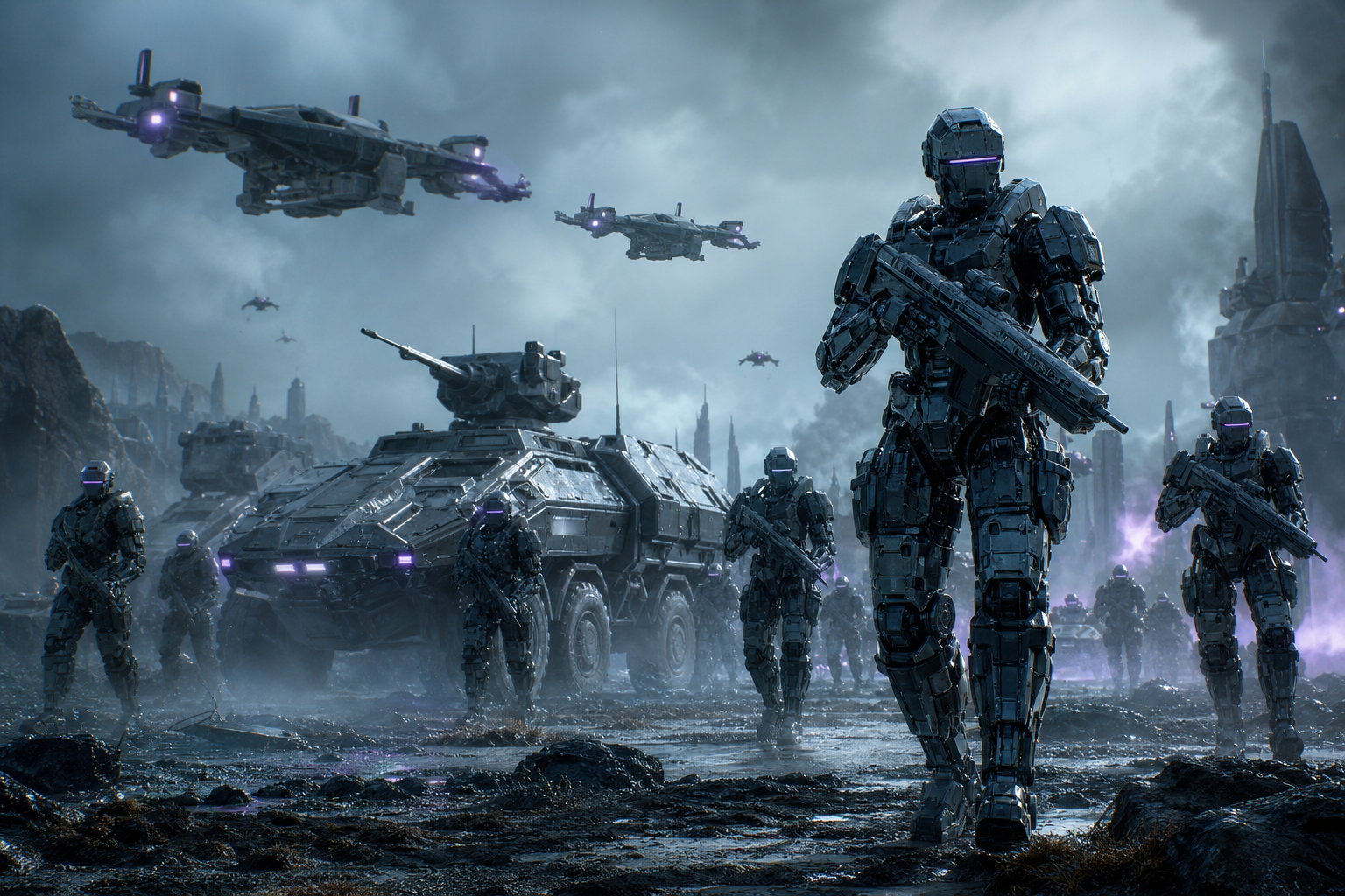 Armored Robot Patrol In Sci Fi Battlefield Military Wallpaper  6 4K