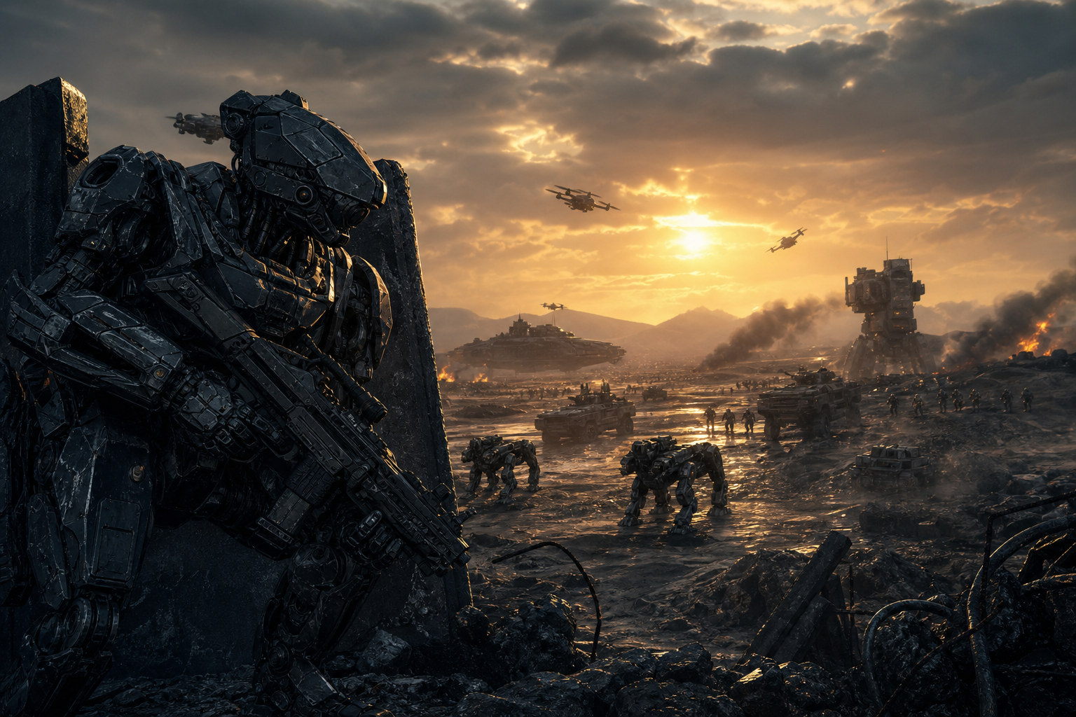 Armored Robot Patrol In Sci Fi Battlefield Military Wallpaper  6 4K