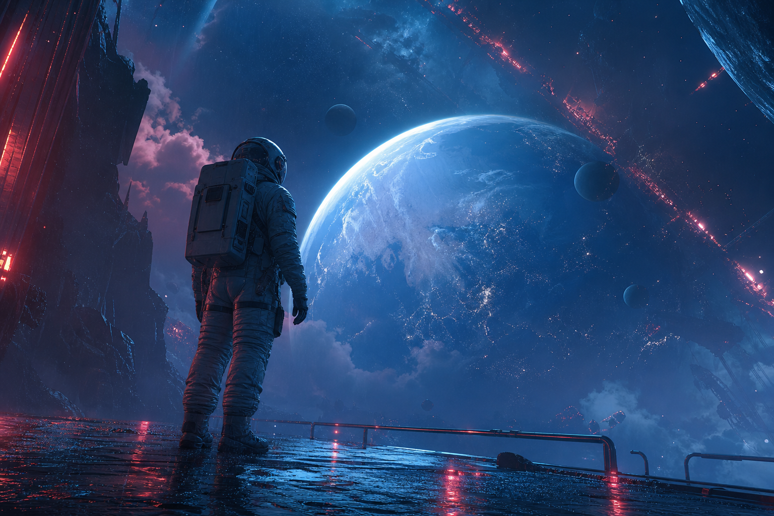 Astronaut Looking At Blue Planet Space Wallpaper  2 4K