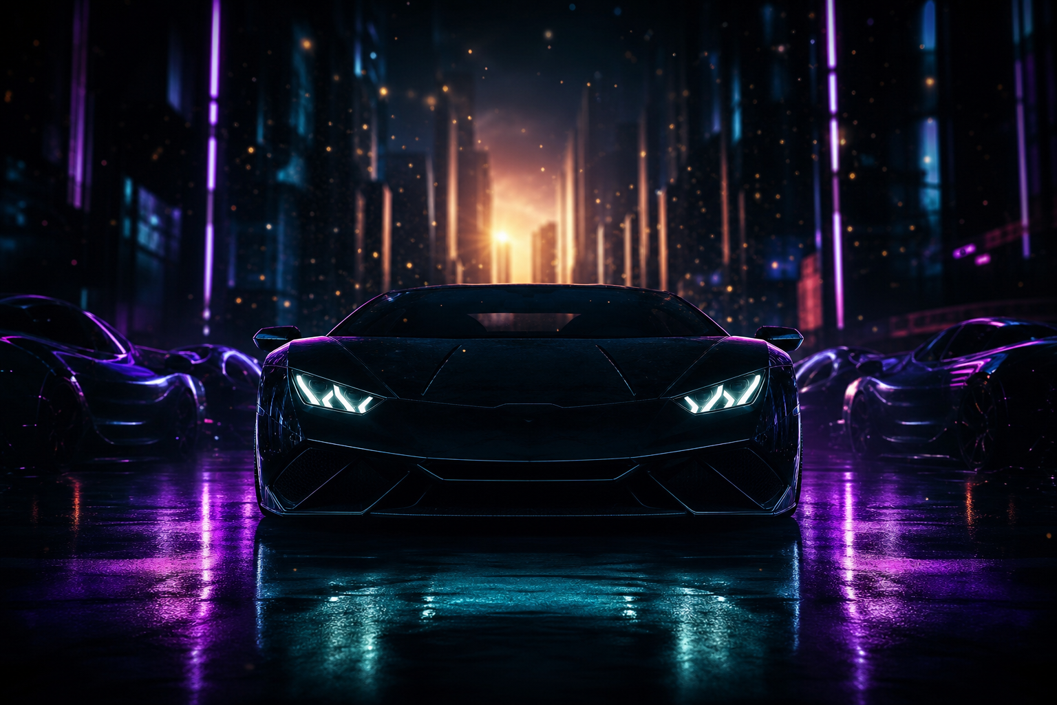 Black Lamborghini On Neon Street At Night Cars Wallpaper  1 4K