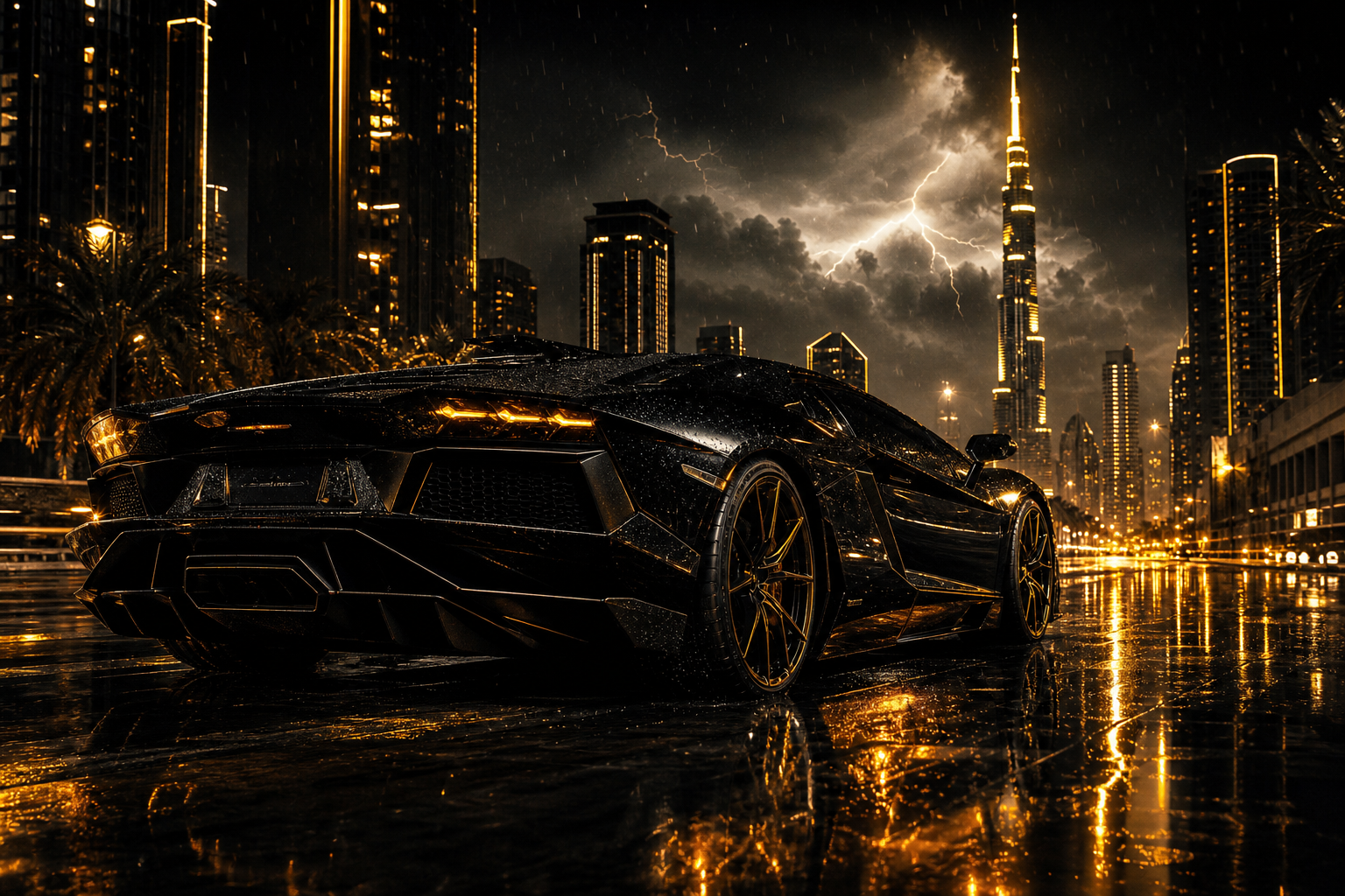 Black Lamborghini On Neon Street At Night Cars Wallpaper  1 4K