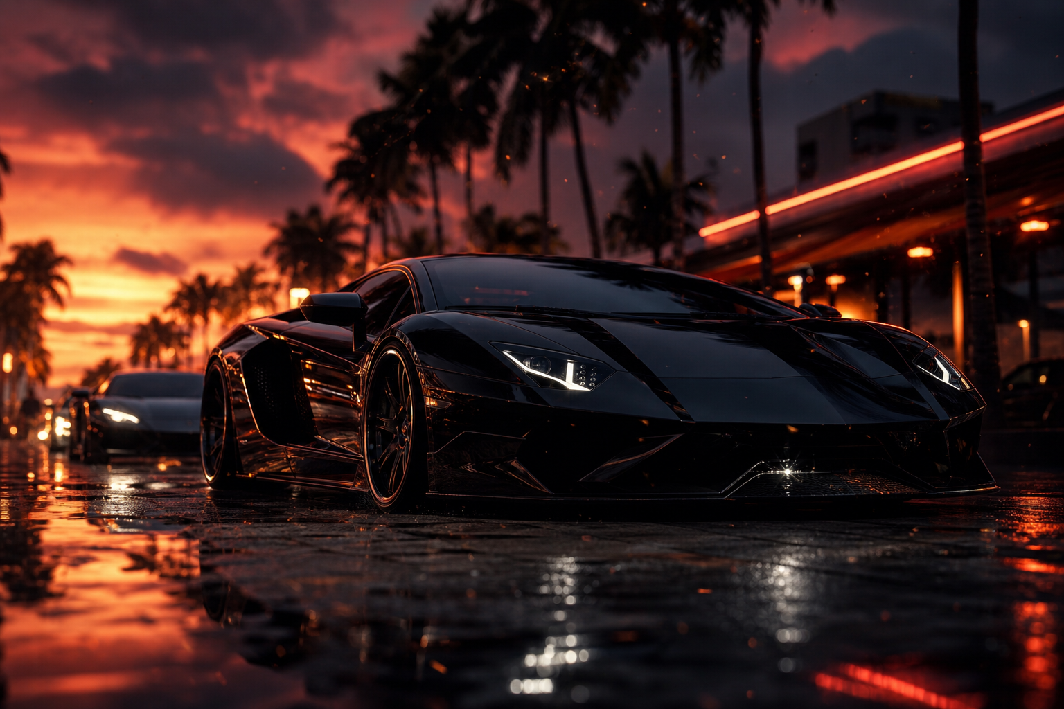 Black Lamborghini On Neon Street At Night Cars Wallpaper  1 4K