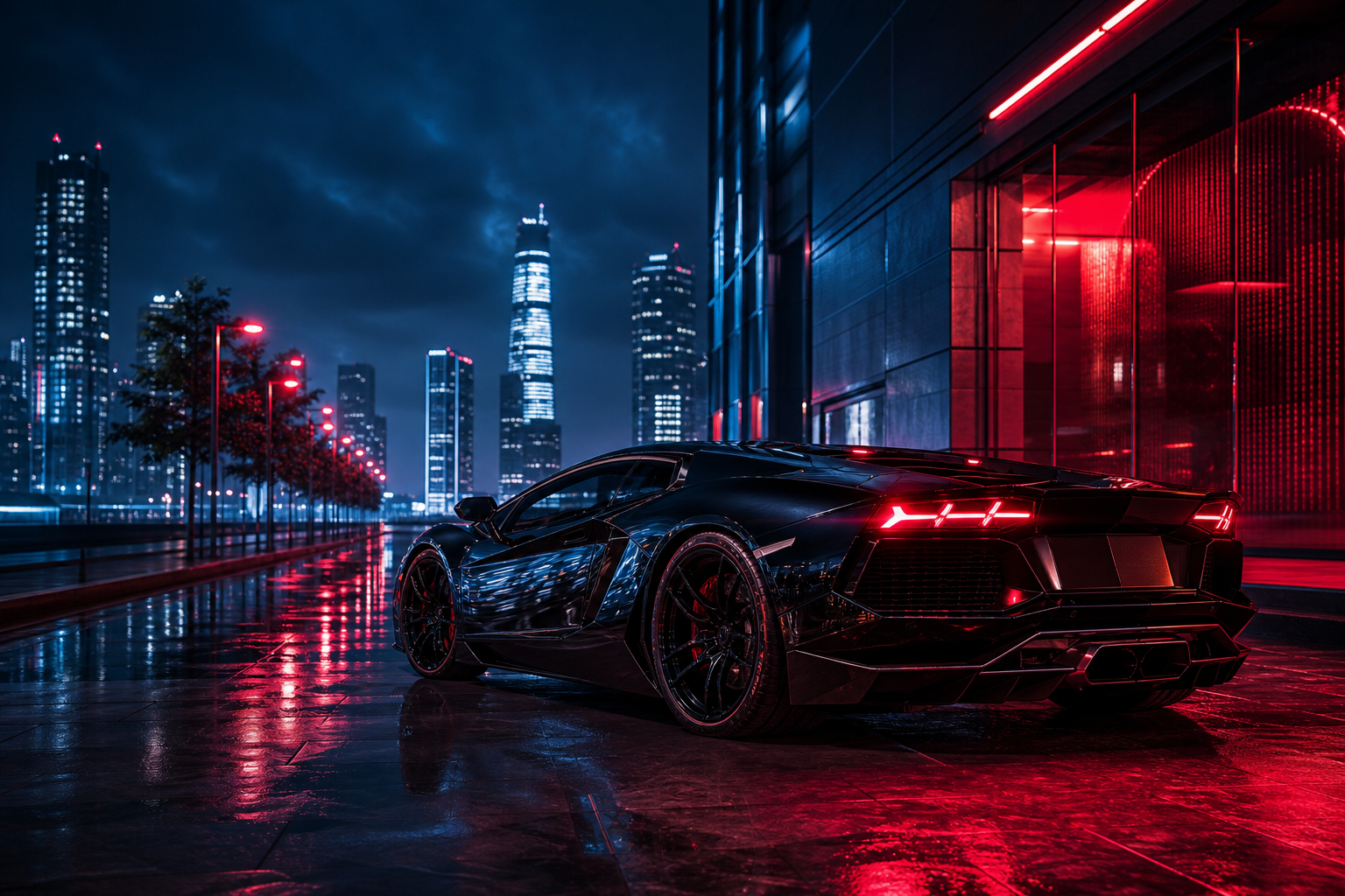 Black Lamborghini On Neon Street At Night Cars Wallpaper  1 4K