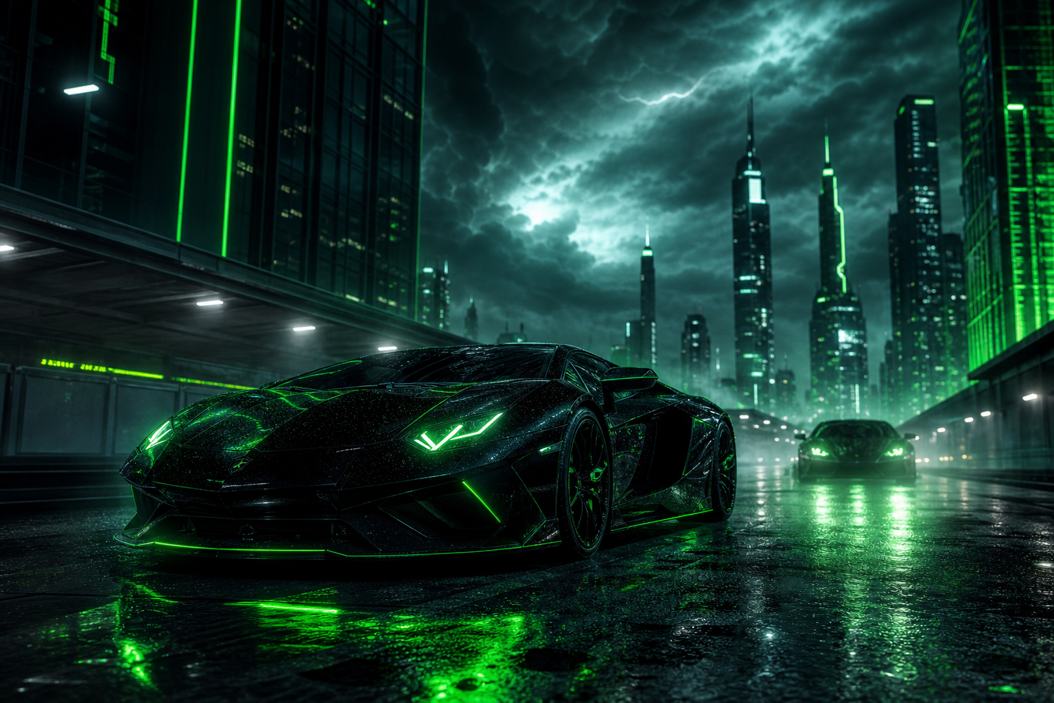 Black Lamborghini On Neon Street At Night Cars Wallpaper  1 4K