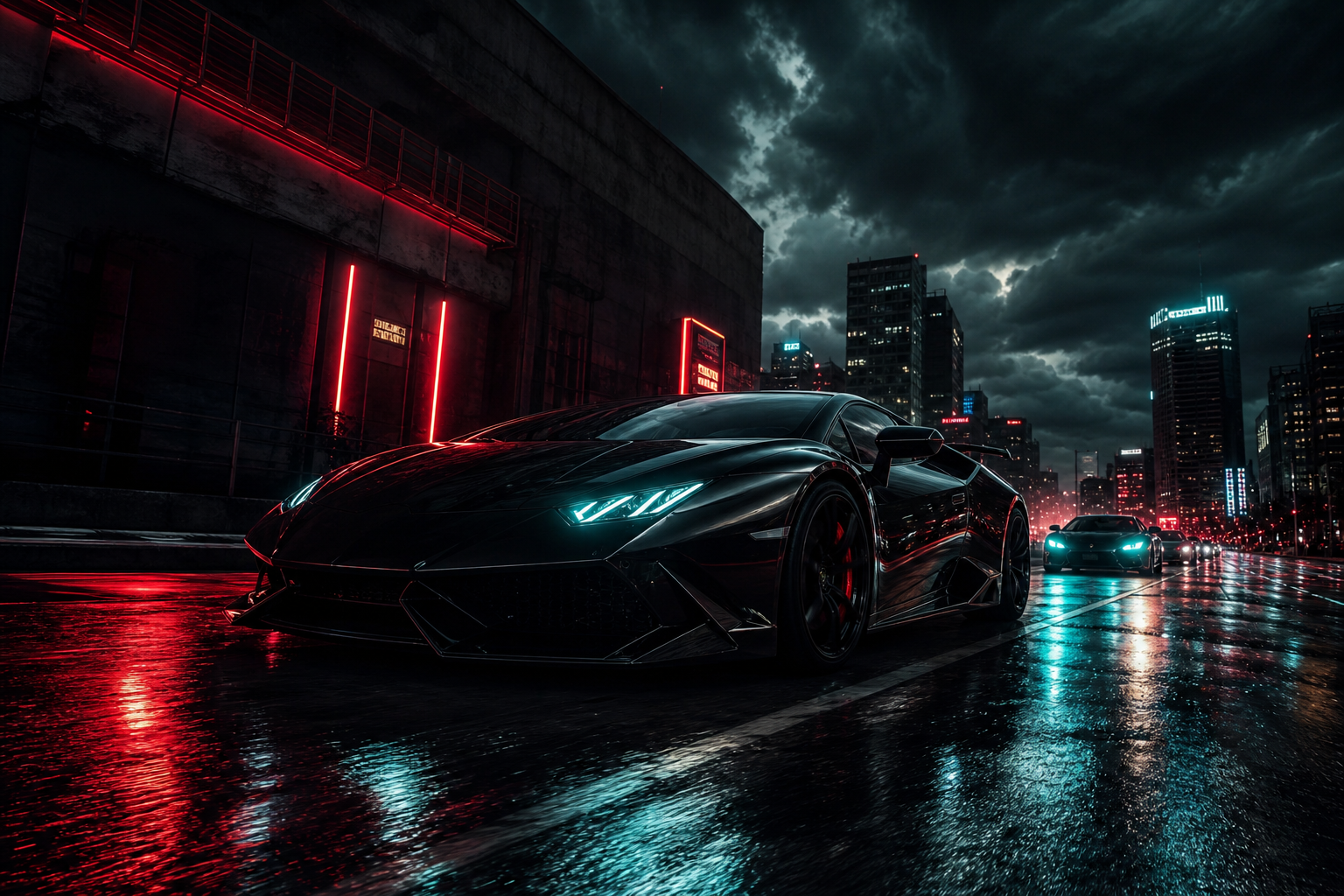 Black Lamborghini On Neon Street At Night Cars Wallpaper  1 4K