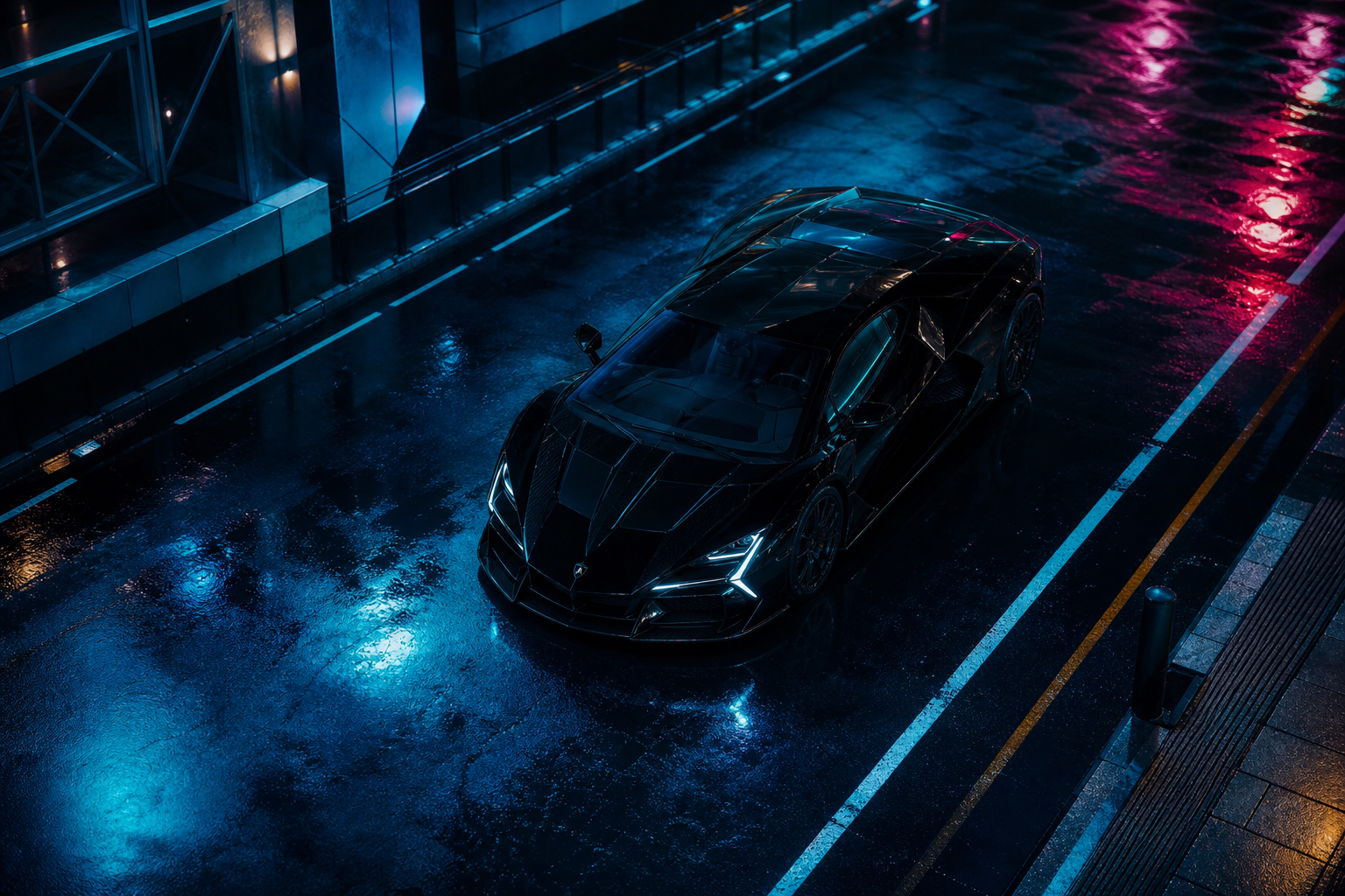 Black Lamborghini On Neon Street At Night Cars Wallpaper  1 4K