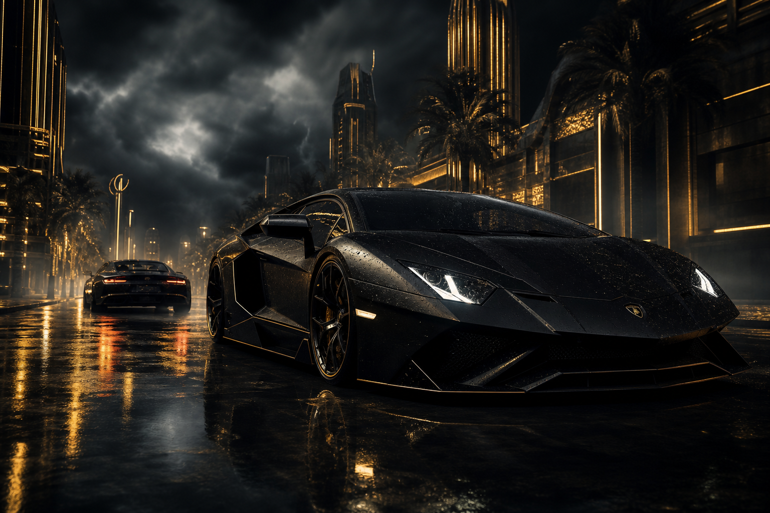 Black Lamborghini On Neon Street At Night Cars Wallpaper  1 4K