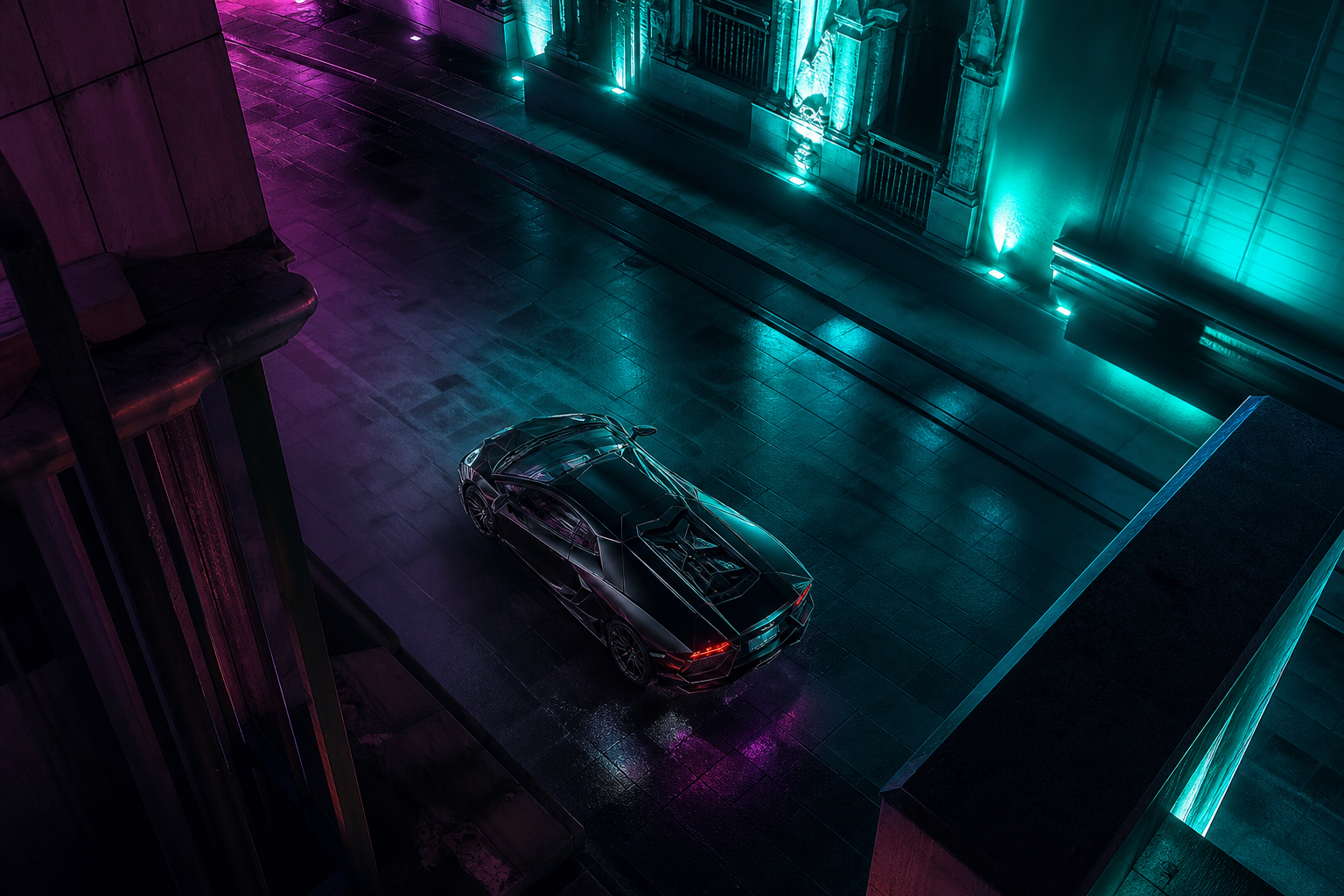 Black Lamborghini On Neon Street At Night Cars Wallpaper  1 4K