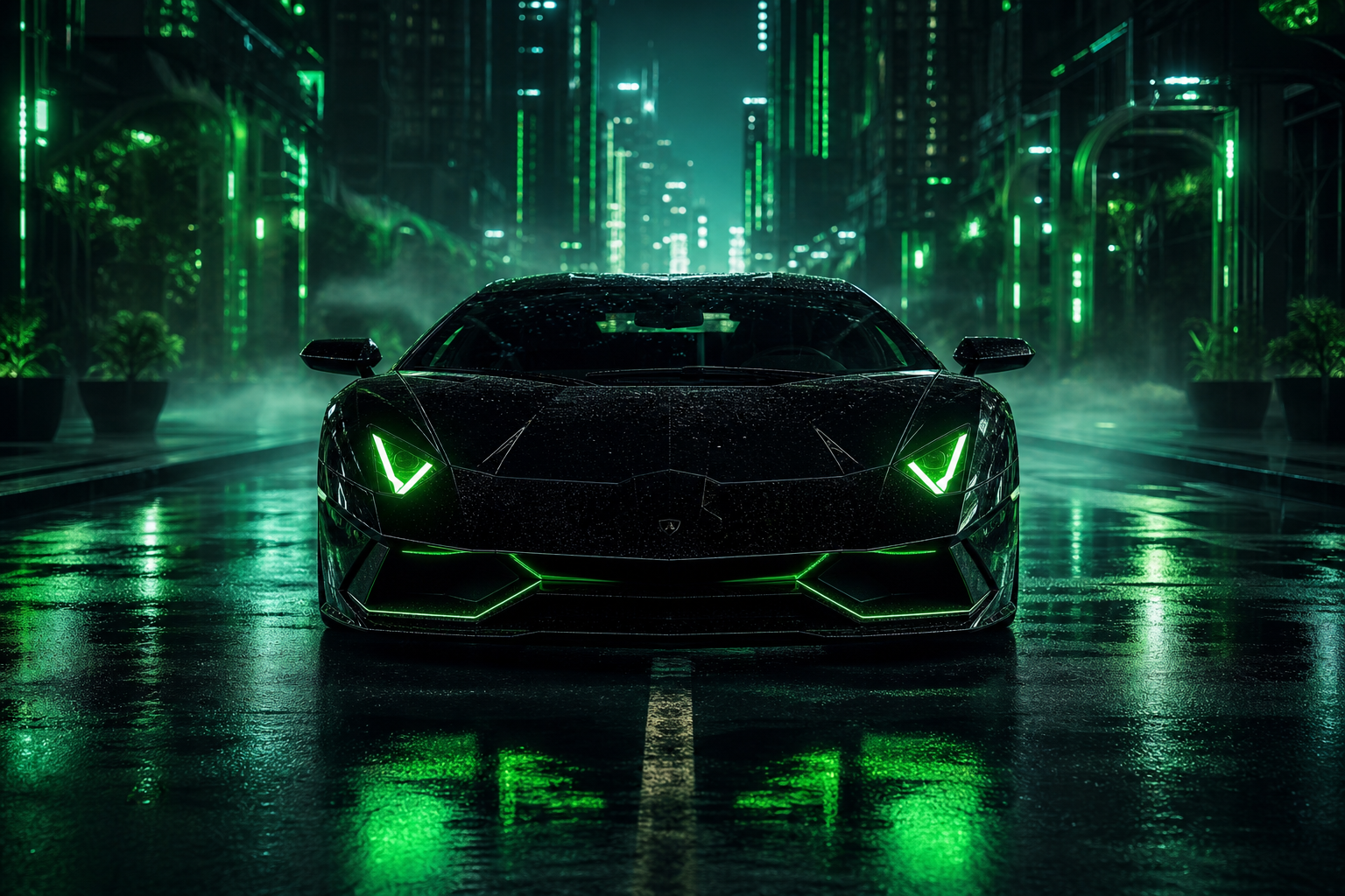 Black Lamborghini On Neon Street At Night Cars Wallpaper  1 4K