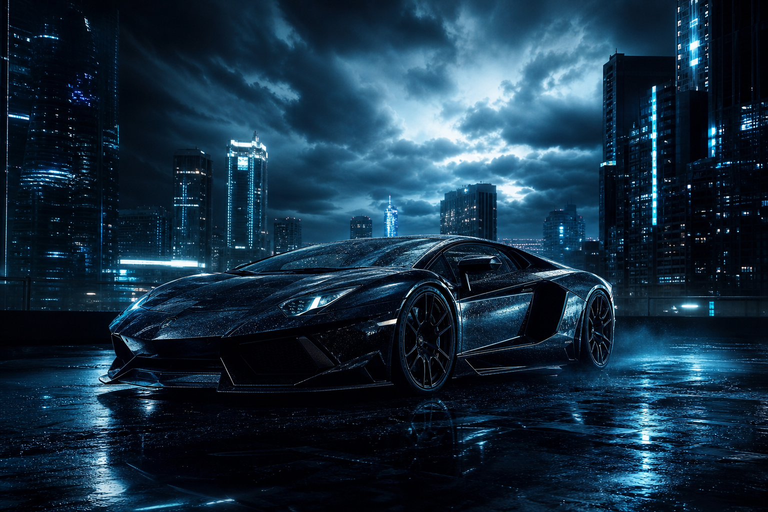 Black Lamborghini On Neon Street At Night Cars Wallpaper  1 4K